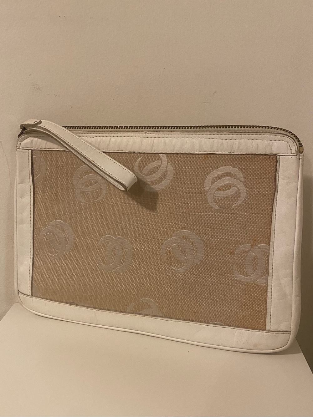 Vintage Oleg Cassini Beige Canvas and White Trim Wristlet Clutch